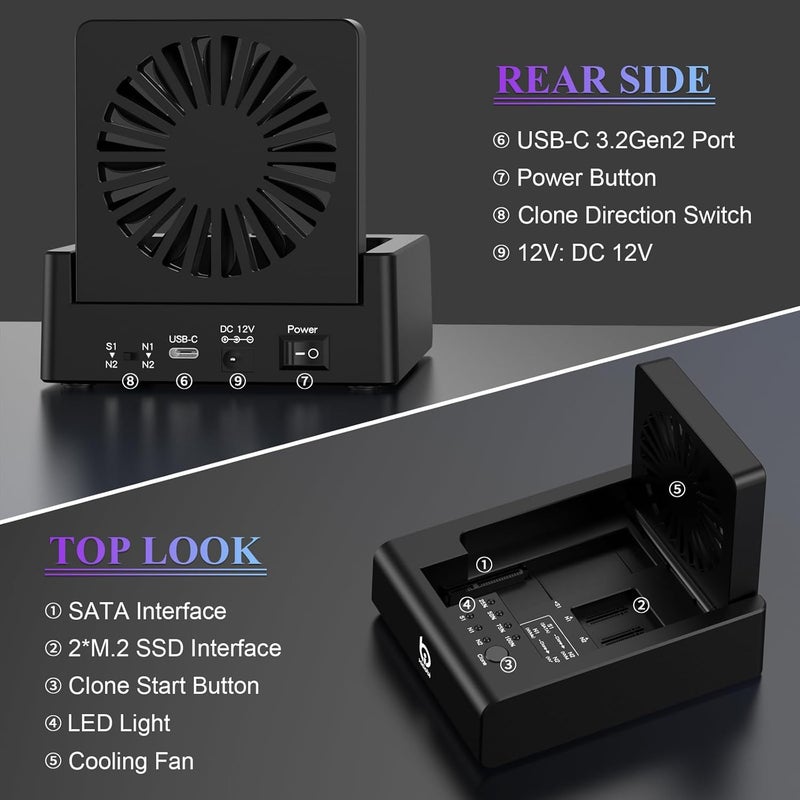 xiaobi M.2 NVMe & SATA Hard Drive Docking Station, USB C 10Gbps Hard Drive cloner for M.2 PCIe NVMe + SATA 2.5”/3.5” HDD Converter, Offline Cloning, Tool-Free, Cooling Fan - Image 2